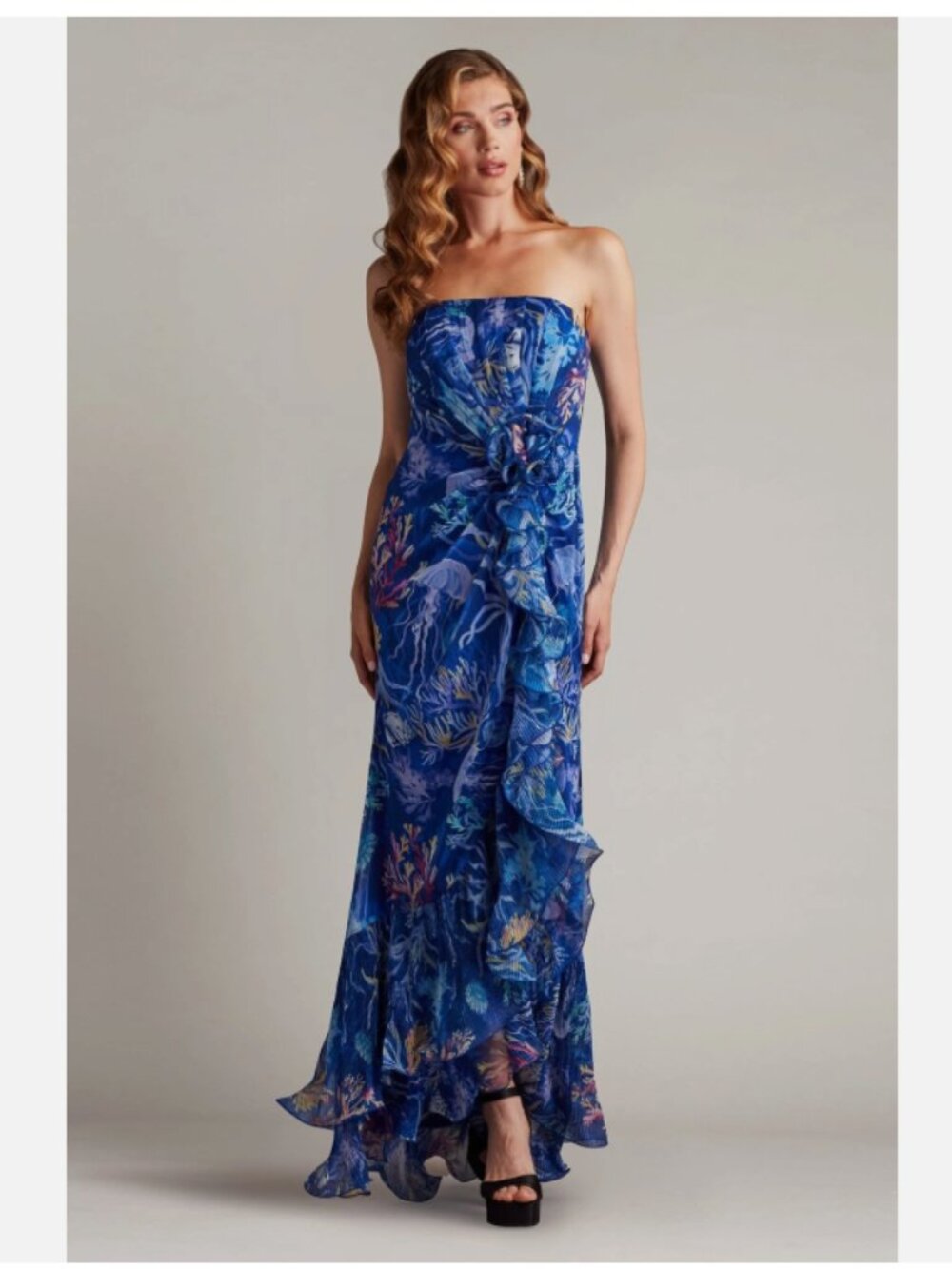 Tadashi Shoji Morwenna Oceanic Print Ruffle Gown
